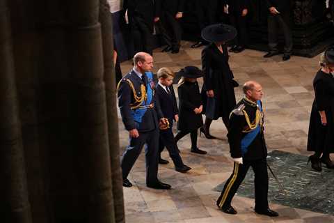 Prince George, 9, and Princess Charlotte, 7, walk beside William and Kate as they enter Abbey for..