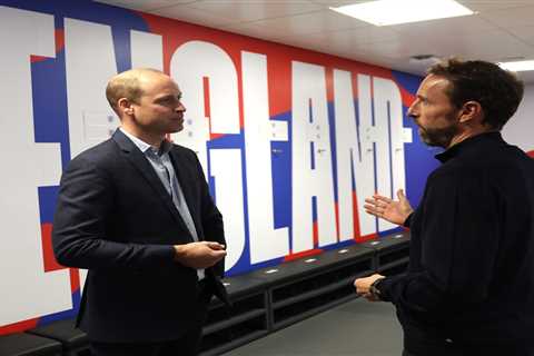 Prince William discusses tactics with England footie boss Gareth Southgate and casts eyes over..