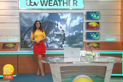 Good Morning Britain’s Laura Tobin flashes her toned legs in red mini skirt and heels