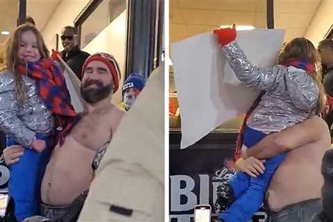 Shirtless Jason Kelce Lifts Young Fans Up to Say Hi to Taylor Swift