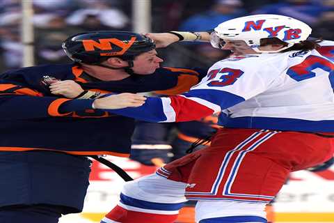 Fired-up Rangers rookie Matt Rempe fights Islanders’ Matt Martin on first NHL shift in Stadium..