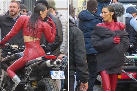 Bella Hadid Stuns in Red Leather Catsuit in Paris on 'The Beauty' Set