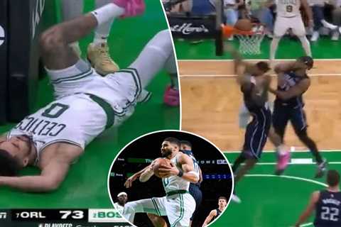 Jayson Tatum stays in game after crashing to court on flagrant foul as Celtics rout Magic in Game 1