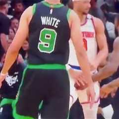 Josh Hart’s wife Shannon has one-word reaction to Jaylen Brown’s crotch grab on Knicks star