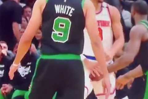 Josh Hart’s wife Shannon has one-word reaction to Jaylen Brown’s crotch grab on Knicks star