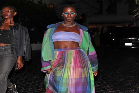 Jodie Turner-Smith Stuns in Colorful Purple, Blue, and Green Plaid Marrakshi Life Ensemble at..