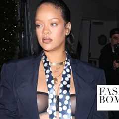 Rihanna Grabbed Dinner at Giorgio Baldi in a Black Oversized ERL Suit, with a Polka Dot Tie and a..