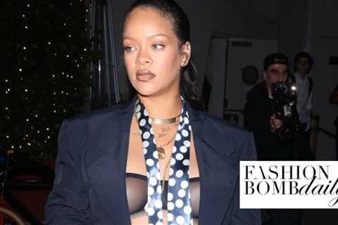 Rihanna Grabbed Dinner at Giorgio Baldi in a Black Oversized ERL Suit, with a Polka Dot Tie and a..