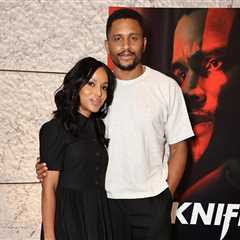 Kerry Washington Wears Black Tory Burch Dress with Desert Beige and Orange Prada Galleria Bag at..