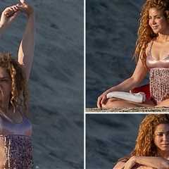 Shakira Meditates on Beach in Skimpy Metallic Pink Bikini