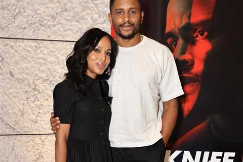Kerry Washington Wears Black Tory Burch Dress with Desert Beige and Orange Prada Galleria Bag at..