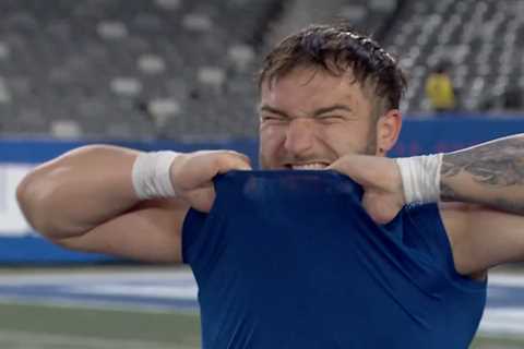 Giants’ Cam Skattebo strips off shirt with Ryan Fitzpatrick in bonkers postgame scene