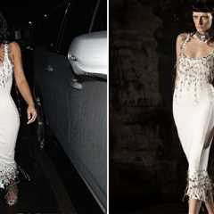 Kim Kardashian Wears White Dilara Findikoglu Gown With Safety-Pin Fringe to Petra Collins’ Plaza on ..