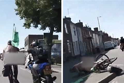 Naked Cyclist Crashes After Shove From Man on Motorcycle, on Video