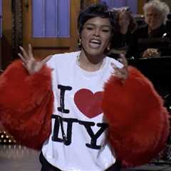 Teyana Taylor Hosts SNL in a Chanel Pre-Fall 2026 Red Fur Jacket and “I ❤️ NY”  Sequined Shirt