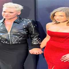 Pink in Black R13 and Willow Sage Hart in a Red House of CB Dress at The Lost Boys Broadway Premiere