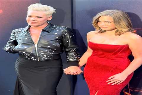 Pink in Black R13 and Willow Sage Hart in a Red House of CB Dress at The Lost Boys Broadway Premiere